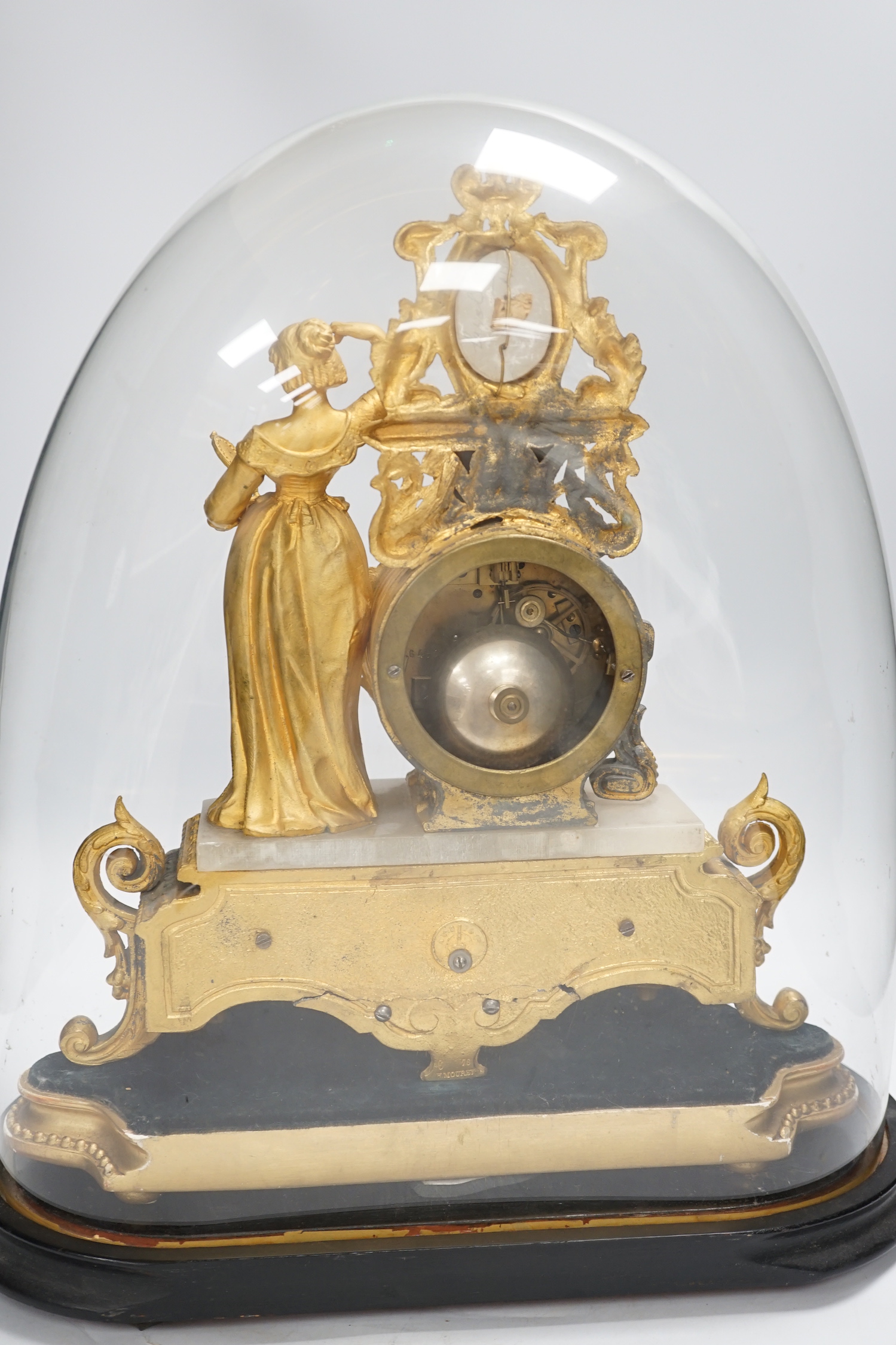 A French ormolu figural mantel clock with porcelain plaque under dome, 43cm high